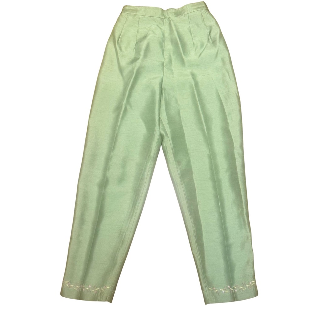 Vintage Faux Silk Shantung Embroidered Hem Tapered Pants Sage Green Women 6P